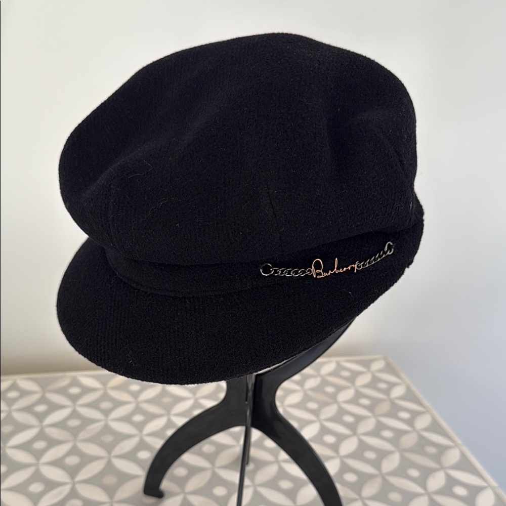 Burberry Black Baker Boy Cap with Script Chain Accent